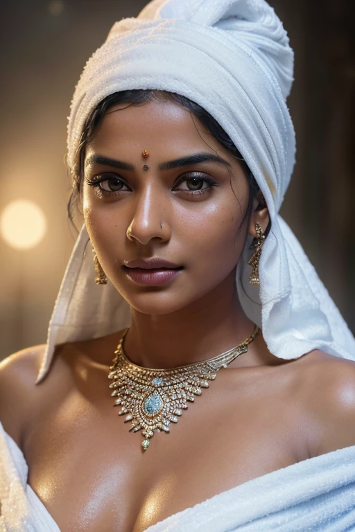 a beautiful indian woman in a white towel bathing, detailed face and eyes, detailed skin, intricate jewelry, serene expression, warm lighting, photorealistic, 8k, (best quality,4k,8k,highres,masterpiece:1.2),ultra-detailed,(realistic,photorealistic,photo-realistic:1.37),HDR,studio lighting,vivid colors,cinematic