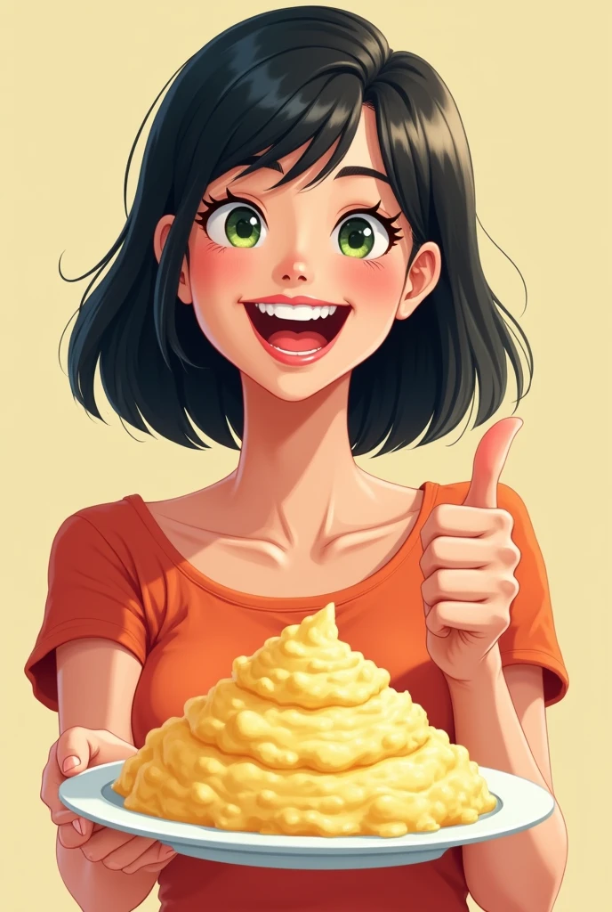 Drawing of a short white woman, green eyes, straight black hair, giving thumbs up, happy and holding a mashed potato on the plate.