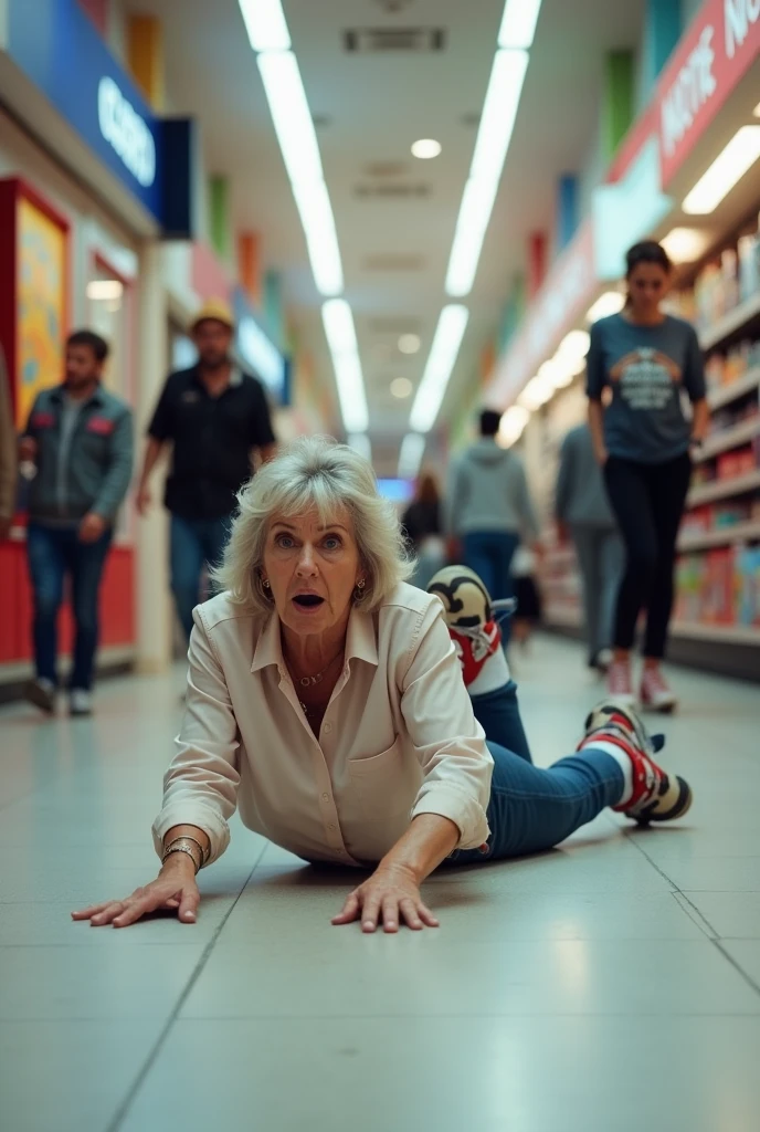 Middle-aged woman trying on skates and falling on the floor in a shopping mall