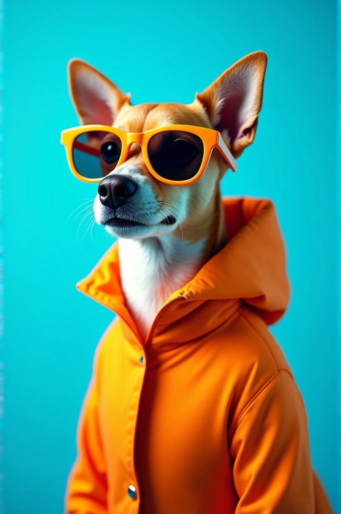 The best cell phone wallpaper, Award-Winning Wallpaper, portrait photography, In the front view is a portrait of a cute dog wearing mid-1960s space age fashion, Side view photo, Shot with Canon EOS R5, Set a strong contrast that accentuates the subject, Fluorescent blue tone, Wearing a very modern coat and sunglasses is a modern 1960s style, Clothes all in one color, beautiful background
