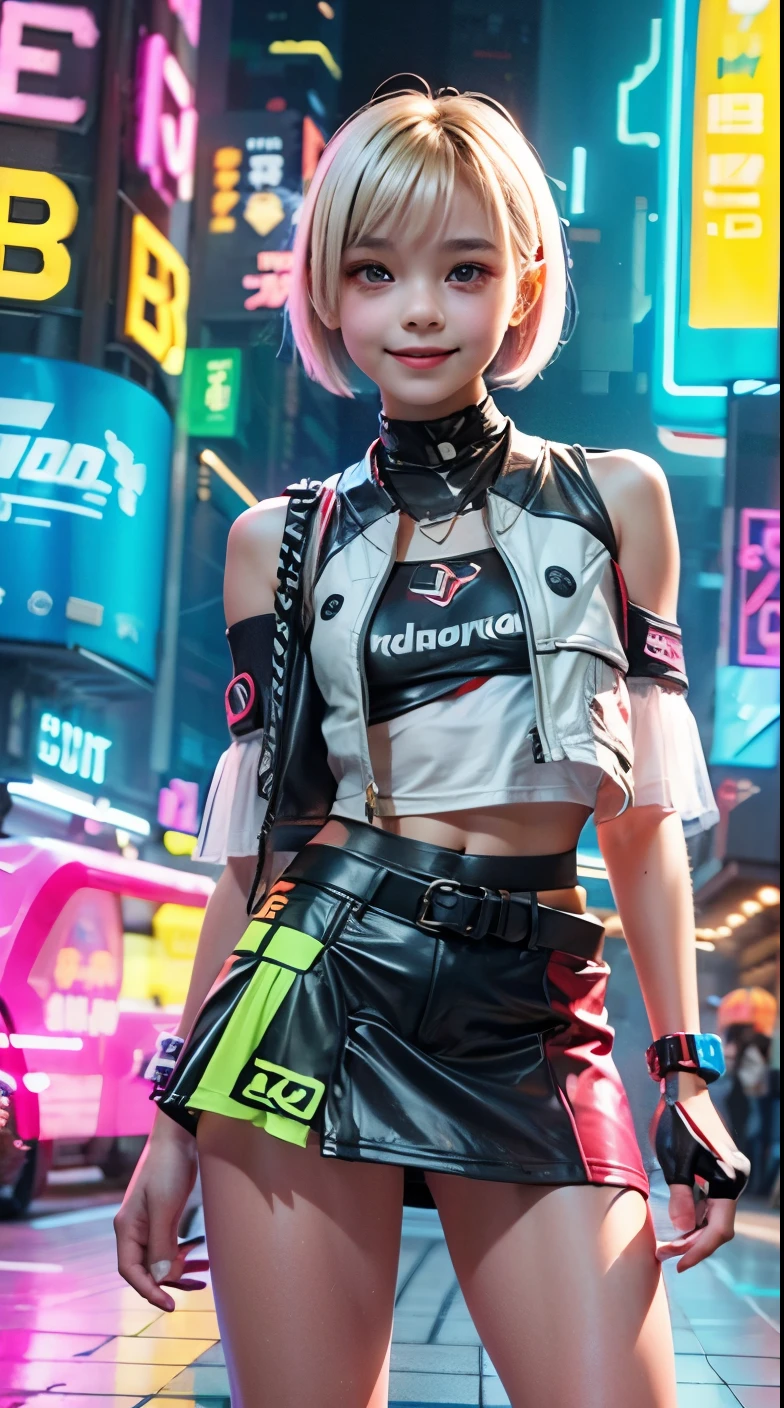 A colorful Bob cut haired punk canadian girl, smooth white skin, innocent look, ************, Ultra high res, uhd, photorealistic, cyberpunk outfit, ripped shirt, wink, smiling ear to ear, neon lighting, crop top vest, wearing short skirt, colorful loose socks, full body shot, beautiful legs, fish eye lens, vogue pose, modelling,