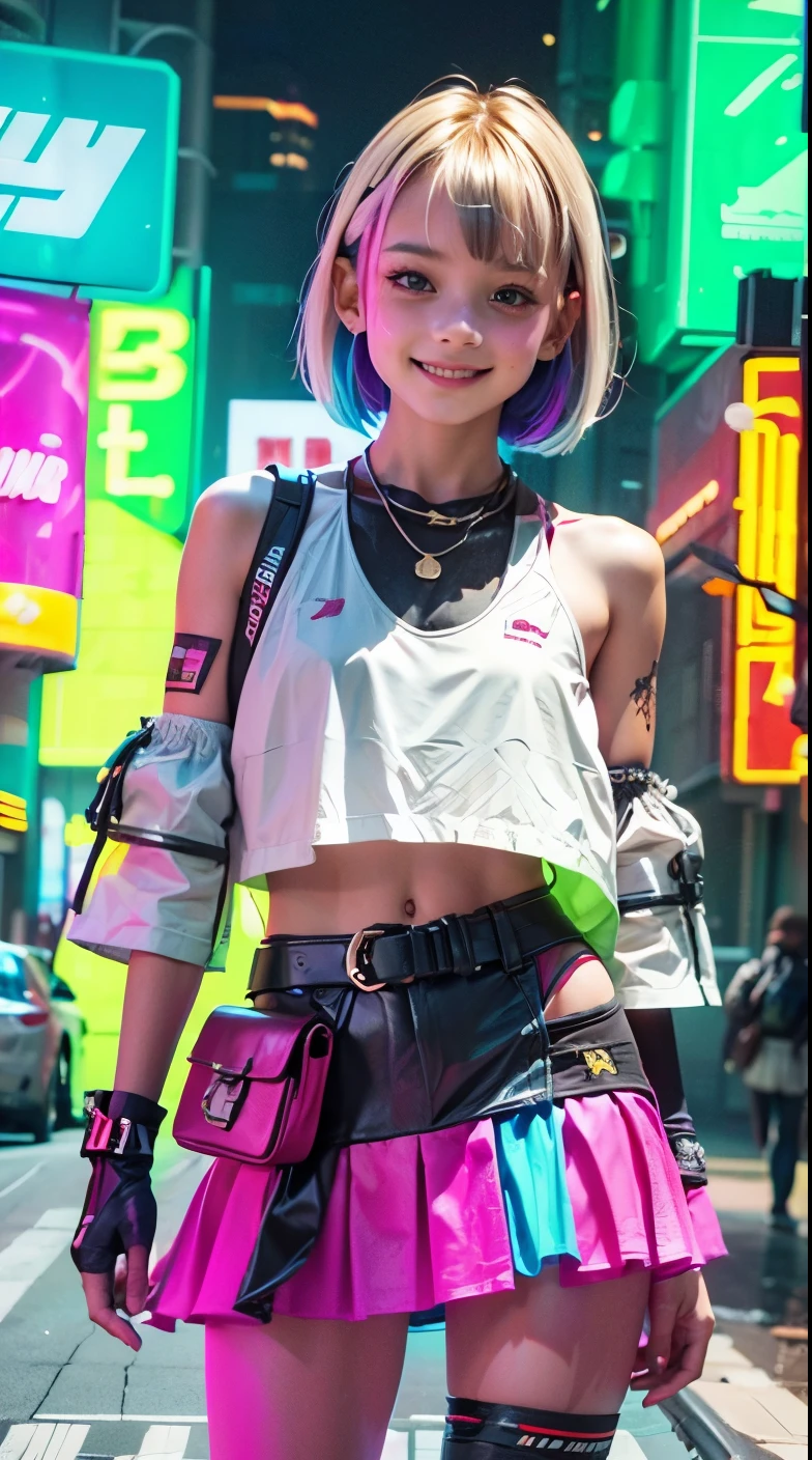 A colorful Bob cut haired punk canadian girl, smooth white skin, innocent look, 15 years old, Ultra high res, uhd, photorealistic, cyberpunk outfit, ripped shirt, wink, smiling ear to ear, neon lighting, crop top vest, wearing short skirt, colorful loose socks, full body shot, beautiful legs, fish eye lens, vogue pose, modelling,