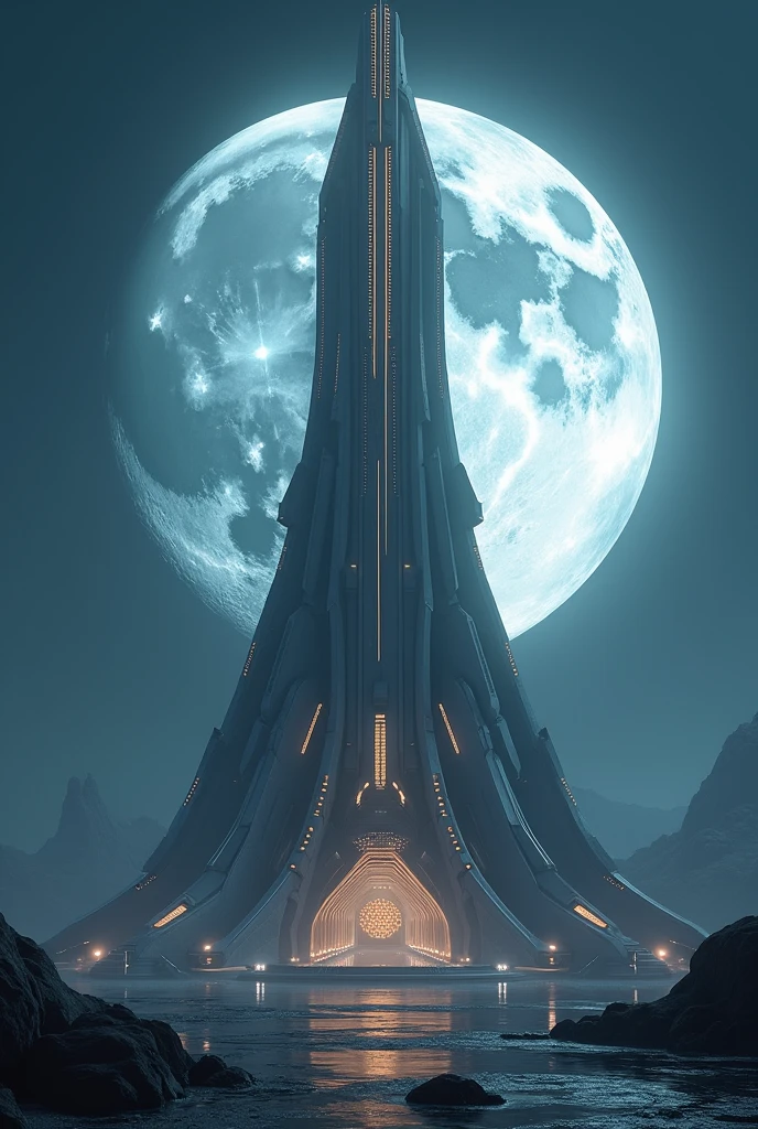 generates an image of a futuristic structure of a giant moon in the night sky