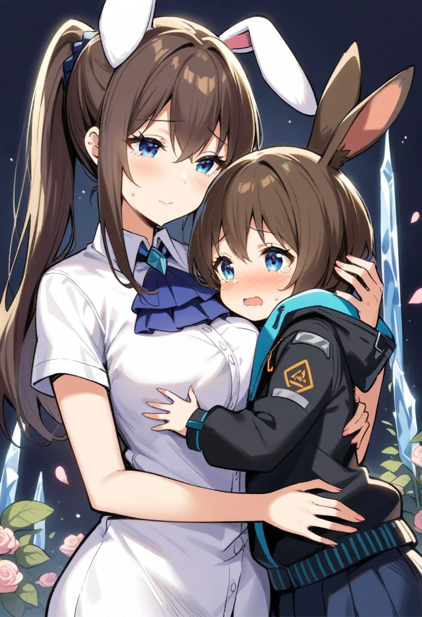  (mother and daughter, age_difference,size_difference), listening to the heartbeat , hugging each other,grabbing tit,(Cum on body), embarrassed,blush,tears in eyes, sweat, , masterpiece, best quality, very aesthetic, absurdres, ,amiya_(arknights), animal ears, rabbit ears, blue eyes, brown hair, tight medium hair, half-up, long ponytail, black jacket, blue skirt, blue ascot, white dress shirt, fly front, tights,rose,dark_background,  flower, ice_flower, icicle,,surrounding by flowers,falling_petals, petals,,