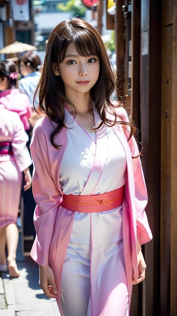 masterpiece, Highest quality，16K, Ultra-high resolution，The light and shadow of reality，Cinema Lenses，((Her waist is so slim and beautiful)),((High nose、Small Mouth)),((Clean and slim face line)),((Big dark eyes with long eyelashes)),((Very small face))((Very slim and beautiful arms)),((She is very thin and has a great figure)),((Pure white beautiful skin)),((Cute Japanese Girls)),(((She is wearing a bright pink kimono、yukata))),((Walking the streets of Tokyo)),(Beautiful Eyes:1.1)，Reflecting clear eyes and a gentle smile,