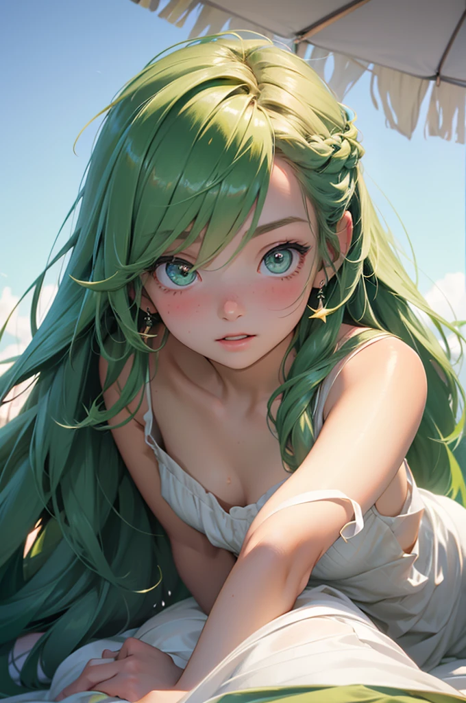 Portrait of a young couple in a soft, warm setting, the man is an INFJ with flowing, green hair that perfectly complements his striking green eyes and the vibrant green of his stylish, fitted attire. His arm is wrapped around the ENFJ woman, her long, glossy hair cascading down her back and her deep green dress a striking contrast to her fair skin and rosy cheeks. Their bodies are pressed together, their faces filled with adoration and contentment as they share a tender moment of affection and connection