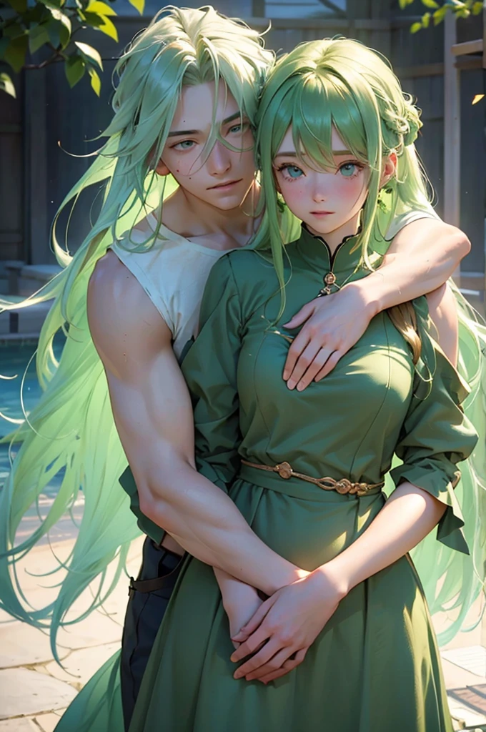Portrait of a young couple in a soft, warm setting, the man is an INFJ with flowing, green hair that perfectly complements his striking green eyes and the vibrant green of his stylish, fitted attire. His arm is wrapped around the ENFJ woman, her long, glossy hair cascading down her back and her deep green dress a striking contrast to her fair skin and rosy cheeks. Their bodies are pressed together, their faces filled with adoration and contentment as they share a tender moment of affection and connection