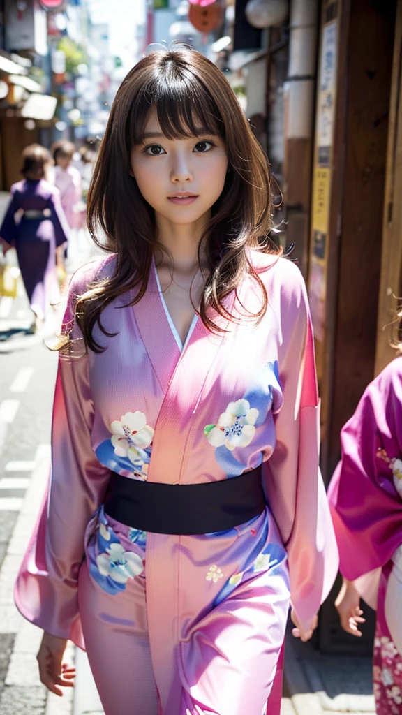 masterpiece, Highest quality,16K, Ultra-high resolution,The light and shadow of reality,Cinema Lenses,((Her waist is so slim and beautiful)),((High nose、Small Mouth)),((Clean and slim face line)),((Big dark eyes with long eyelashes)),((Very small face))((Very slim and beautiful arms)),((She is very thin and has a great figure)),((Pure white beautiful skin)),((Cute Japanese Girls)),(((She is wearing a bright pink kimono、yukata))),((Walking the streets of Tokyo)),(Beautiful Eyes:1.1),Reflecting clear eyes and a gentle smile,