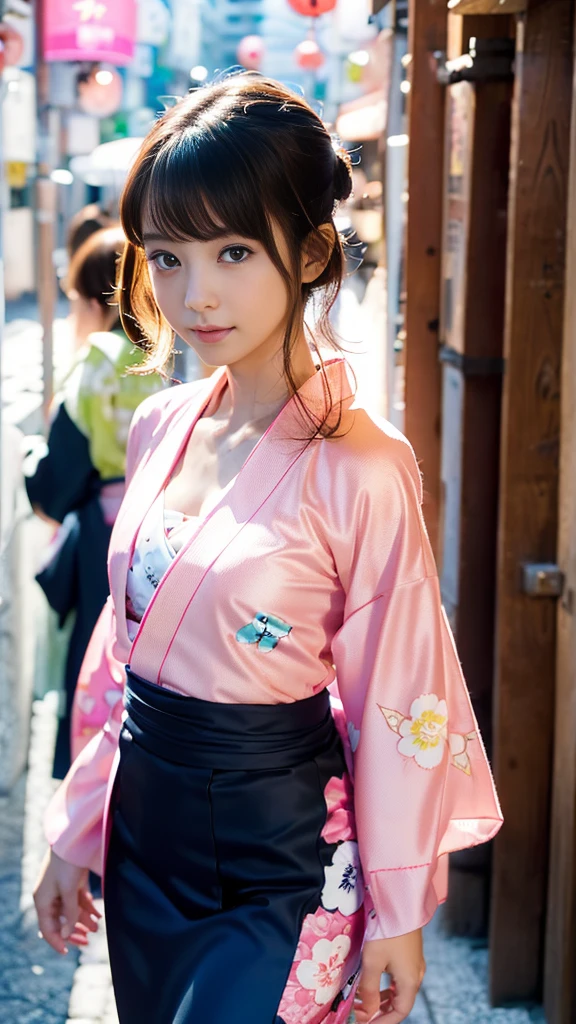 masterpiece, Highest quality,16K, Ultra-high resolution,The light and shadow of reality,Cinema Lenses,((Her waist is so slim and beautiful)),((High nose、Small Mouth)),((Clean and slim face line)),((Big dark eyes with long eyelashes)),((Very small face))((Very slim and beautiful arms)),((She is very thin and has a great figure)),((Pure white beautiful skin)),((Cute Japanese Girls)),(((She is wearing a bright pink kimono、yukata))),((Walking the streets of Tokyo)),(Beautiful Eyes:1.1),Reflecting clear eyes and a gentle smile,