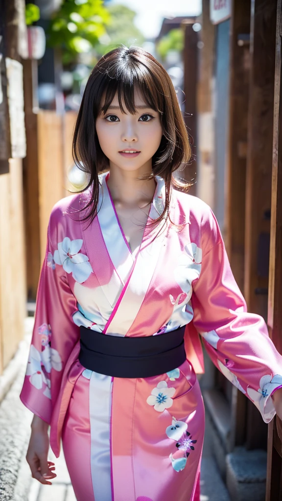 masterpiece, Highest quality,16K, Ultra-high resolution,The light and shadow of reality,Cinema Lenses,((Her waist is so slim and beautiful)),((High nose、Small Mouth)),((Clean and slim face line)),((Big dark eyes with long eyelashes)),((Very small face))((Very slim and beautiful arms)),((She is very thin and has a great figure)),((Pure white beautiful skin)),((Cute Japanese Girls)),(((She is wearing a bright pink kimono、yukata))),((Walking the streets of Tokyo)),(Beautiful Eyes:1.1),Reflecting clear eyes and a gentle smile,