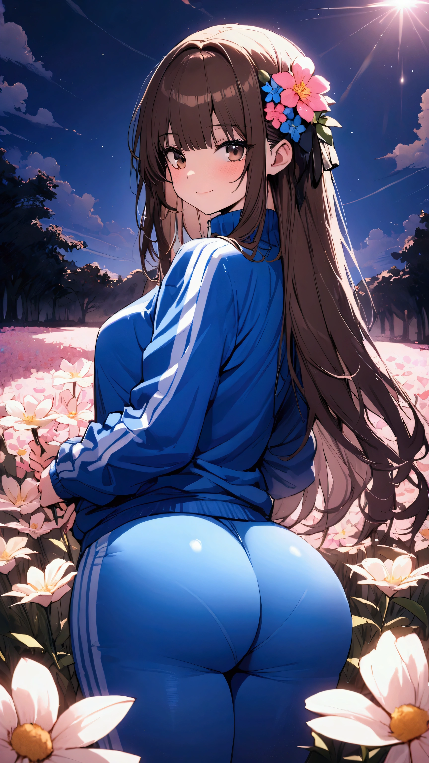 masterpiece, Highest quality, Ultra-high resolution, (beautiful girl: 1.3), (middle part&Straight hair),Brown Hair,Highly detailed brown eyes,Looks about 、 (Blue sweatpants:1.3), (The jacket is a blue track jacket....: 1.3), Dazzling Light,Flower Field,(Focus on the very big things, Round and beautifully shaped butt),Crossing your legs,Big smile,I have flowers,Flower Hair Ornaments