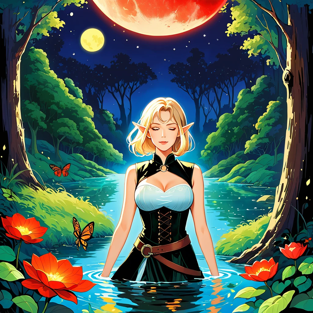 PnyCmicXLPOS, nsfwEMPXL, score_9, score_8_up, score_7_up, expressive, high detail, illustration, poster, movie poster, galadriel from lord of the rings in a white shiny semitransparent lace dress, half submerged in a pond, all kinds of insects surrounding her, she sings with her eyes closed, the forest of middle earth is around her, she lingers on the side, her presence emits an aura of a glowing halo, it is night and the sky is barely seen because of the tree tops hiding it, however a few lightbeams get through the leaves, it is the light of the moon, but it is a blood moon, so everything glows in red and orange and fireflies contribute to the lighting spectacle, (1GIRL), yellow eyes, white hair, (shoulder length hair, BOB CUT, windy hair:1.3), (elf:1.3),(adventurer outfit, fantasy outfit, brown and black outfit, biege blouse, corset vest, PANTS, boots :1.4), fantasy outfit, adventurer outfit,