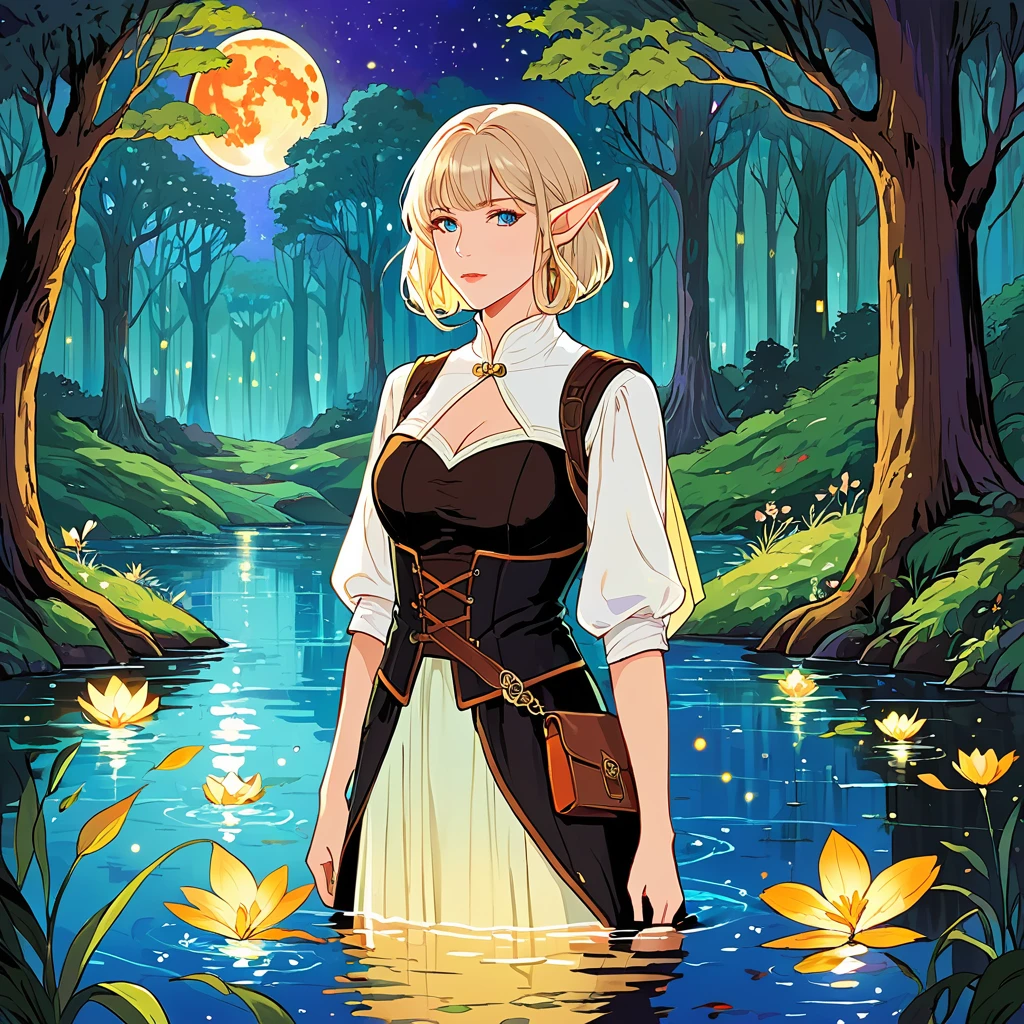 PnyCmicXLPOS, nsfwEMPXL, score_9, score_8_up, score_7_up, expressive, high detail, illustration, poster, movie poster, galadriel from lord of the rings in a white shiny semitransparent lace dress, half submerged in a pond, all kinds of insects surrounding her, she sings with her eyes closed, the forest of middle earth is around her, she lingers on the side, her presence emits an aura of a glowing halo, it is night and the sky is barely seen because of the tree tops hiding it, however a few lightbeams get through the leaves, it is the light of the moon, but it is a blood moon, so everything glows in red and orange and fireflies contribute to the lighting spectacle, (1GIRL), yellow eyes, white hair, (shoulder length hair, BOB CUT, windy hair:1.3), (elf:1.3),(adventurer outfit, fantasy outfit, brown and black outfit, biege blouse, corset vest, PANTS, boots :1.4), fantasy outfit, adventurer outfit,