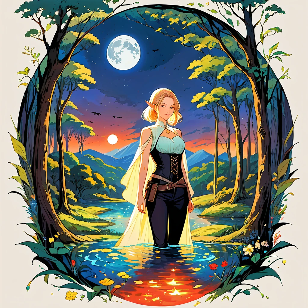 PnyCmicXLPOS, nsfwEMPXL, score_9, score_8_up, score_7_up, expressive, high detail, illustration, poster, movie poster, galadriel from lord of the rings in a white shiny semitransparent lace dress, half submerged in a pond, all kinds of insects surrounding her, she sings with her eyes closed, the forest of middle earth is around her, she lingers on the side, her presence emits an aura of a glowing halo, it is night and the sky is barely seen because of the tree tops hiding it, however a few lightbeams get through the leaves, it is the light of the moon, but it is a blood moon, so everything glows in red and orange and fireflies contribute to the lighting spectacle, (1GIRL), yellow eyes, white hair, (shoulder length hair, BOB CUT, windy hair:1.3), (elf:1.3),(adventurer outfit, fantasy outfit, brown and black outfit, biege blouse, corset vest, PANTS, boots :1.4), fantasy outfit, adventurer outfit,
