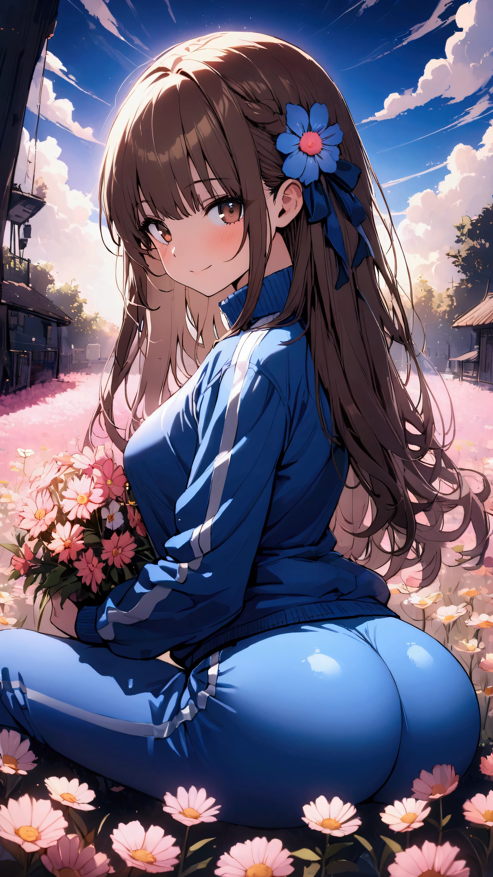 masterpiece, Highest quality, Ultra-high resolution, (beautiful girl: 1.3), (middle part＆Straight hair),Brown Hair,Highly detailed brown eyes,Looks about 15 years old、 (Blue sweatpants:1.3), (The jacket is a blue track jacket....: 1.3), Dazzling Light,Flower Field,(Focus on the very big things, Round and beautifully shaped butt),Crossing your legs,Big smile,I have flowers,Flower Hair Ornaments