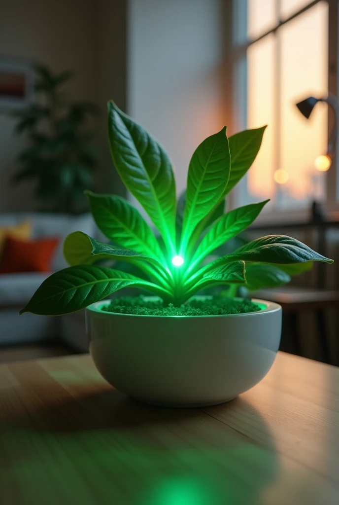 create a 3d ultra high resolution image.
Close up view of a flashing green sensor in a plantpot, in the background a livingroom