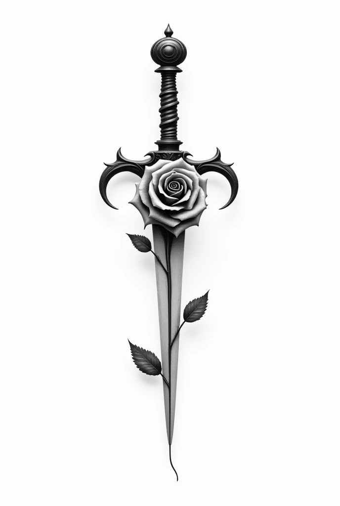 a simple dagger with a rose in the center make it in black and white, Add thorn details to the rose Place the rose in the center of the dagger and make the dagger more linear
