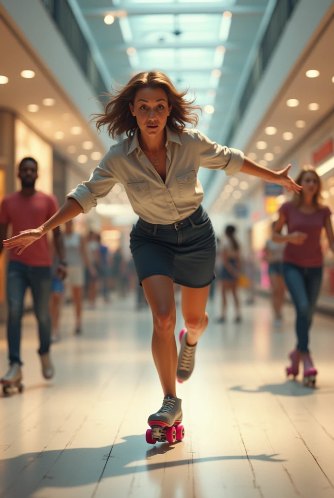 Middle-aged woman trying on skates and falling on the floor in a shopping mall