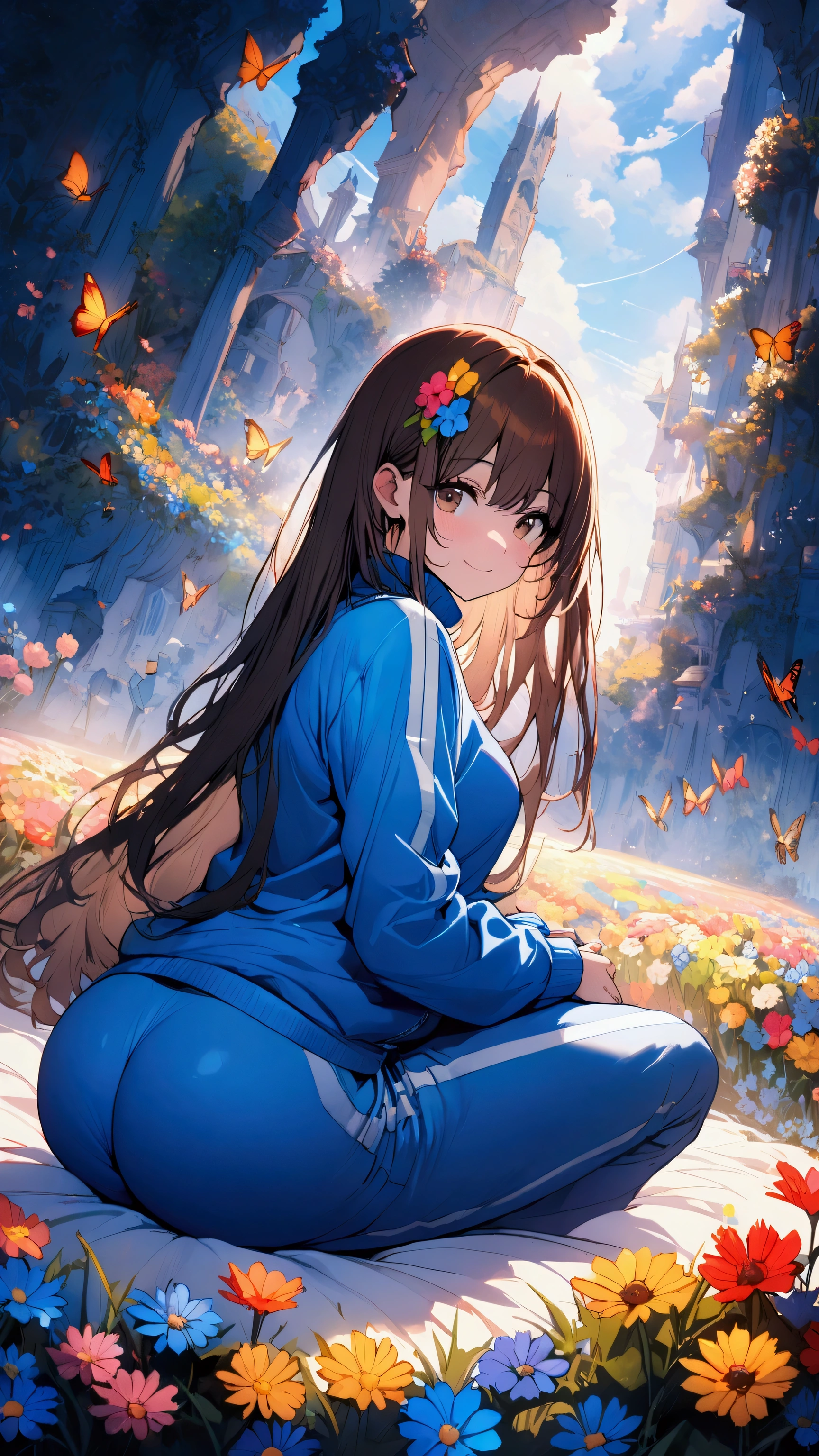 masterpiece, Highest quality, Ultra-high resolution, (beautiful girl: 1.3), (Center Parting＆Straight hair),Brown Hair,Highly detailed brown eyes,Looks about 15 years old、 (Blue sweatpants:1.3), (The jacket is a blue track jacket....: 1.3), Dazzling Light,Flower Field,(Focus on the very big things, Round and beautifully shaped butt),Crossing your legs,Big smile,I have flowers,Flower Hair Ornaments,butterflies in flowerbed
