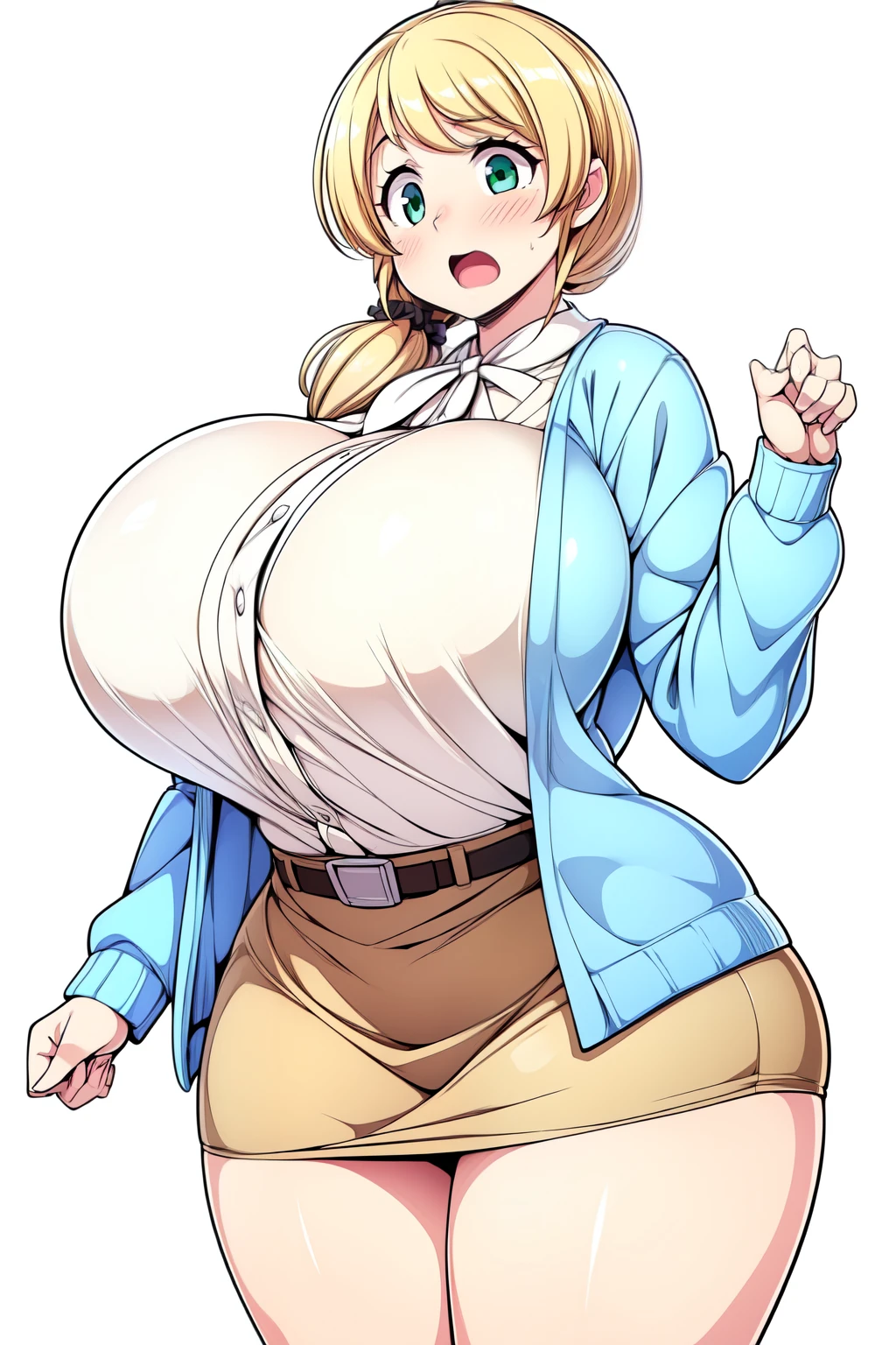 (Highly detailed CG,Highest quality,8k, masterpiece: 1.3),Super Detail, Ultra-high resolution, ((simple white background)), Ellen Baker,girl(teacher),22 years old,Green Eye,Delicate eyes, hair(blonde,length,Loose Side Tail), skin(shiny, oily), (White transparent blouse),(Light blue cardigan), (light brown mini skirt), (Cute pink panties), (thin:1.4), (huge breasts, bursting breast), (narrow waist:1.4), (wide hips), ((voluptuous thighs, thick thighs)), (from side:0.8), anguish, open mouth, blush, gapped button,