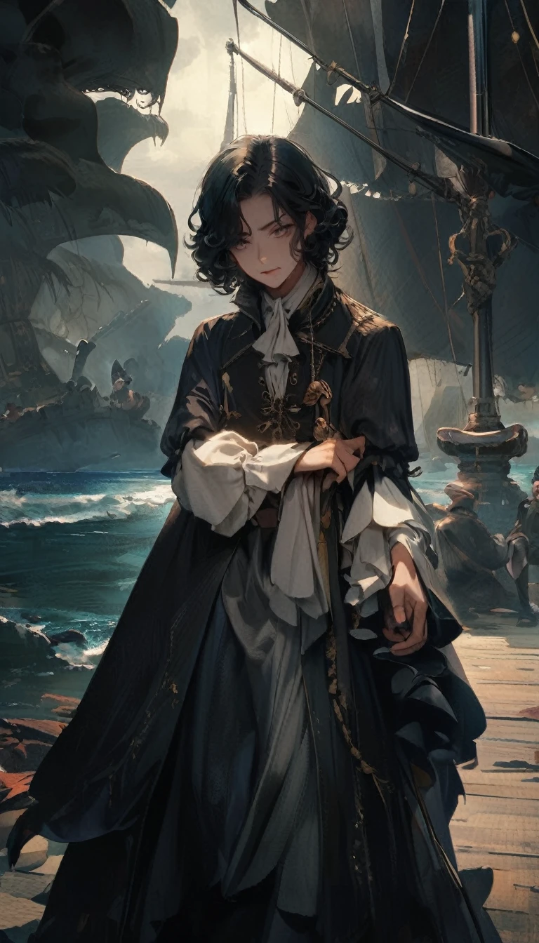 dark black hair,curly hair,tall,pirate,dark uniform,pirate guy,short hair,mysterious,youngman
