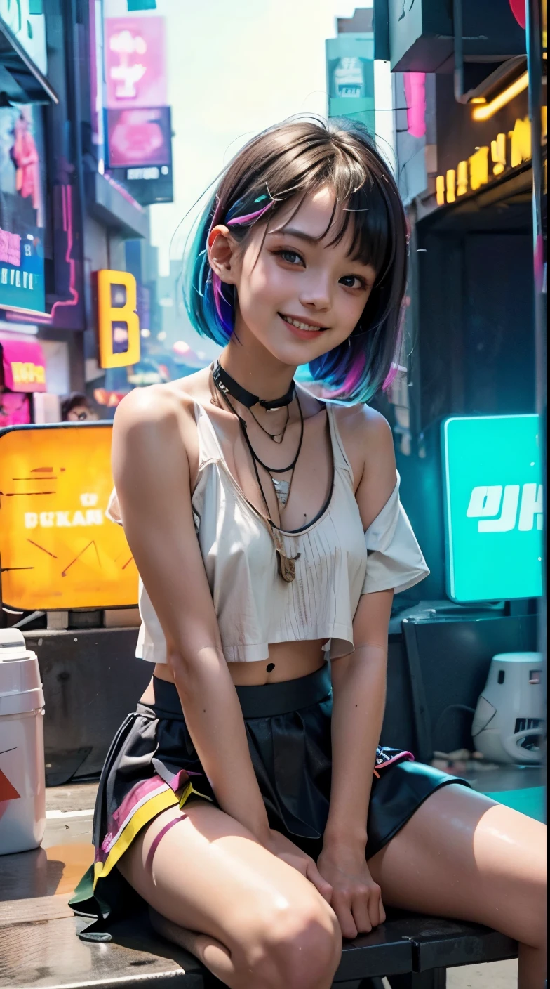 A colorful Bob cut haired punk canadian girl, smooth white skin, innocent, playful, 15 years old, Ultra high res, uhd, photorealistic, cyberpunk outfit, ripped shirt, wink, smiling ear to ear, neon lighting, crop top vest, wearing short skirt, colorful loose socks, full body shot, beautiful legs, fish eye lens, vogue pose, modelling, 