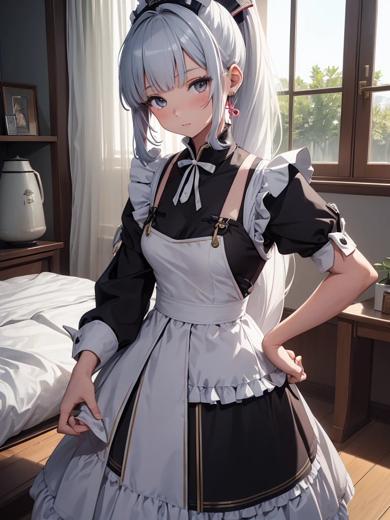 (Ayaka), 1girl, as a maid, wearing a maid outfit, at a home, Silver colour ponytail hair, 8k, high detailed, high quality