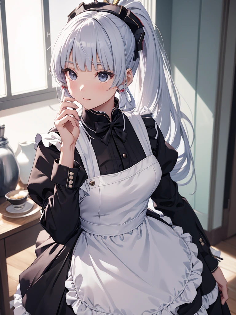 (Ayaka), 1girl, as a maid, wearing a maid outfit, at a home, Silver colour ponytail hair, 8k, high detailed, high quality