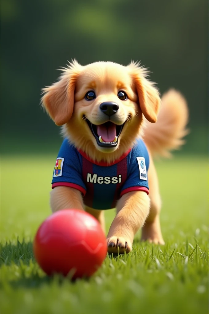 A golden retriever playing with a red ball wearing a Messi shirt and on the green grass