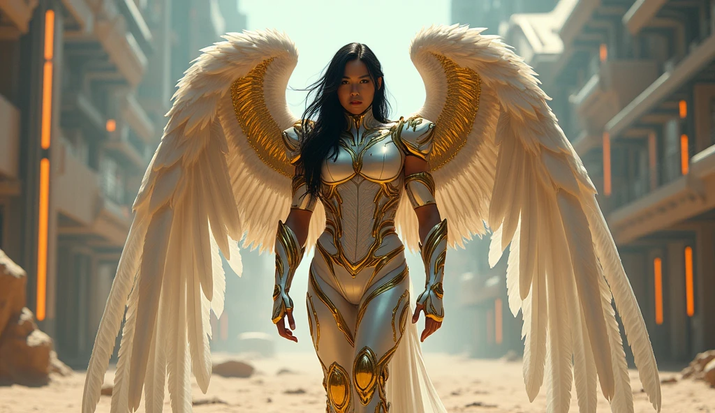 (best quality,4k,8k,highres,masterpiece:1.2),ultra-detailed,(realistic,photorealistic,photo-realistic:1.37),intricate detailed cybenchanting male Archangel, Japanese man features mechanical , desert setting, Marvel superhero style, handsomely beautiful detailed eyes, in his mid-30s with a strong Japanese features appearance, long flowing black hair, built in shimmery gold-plated armor, enchanting on his shoulders and chest, body and large wings gold and white on his back. shimmery gold and white outfit , large wings. He has chiseled abs, a muscular build, and large biceps, standing at 11'8" tall. The image should capture Chamuel the Archangel man walking throughout desert, with an ethereal glow and serene beauty, extremely detailed face and eyes, emerald blue eyes long eyelashes, futuristic scene, glowing neon lights, advanced technology, gritty industrial environment, moody lighting, dramatic shadows