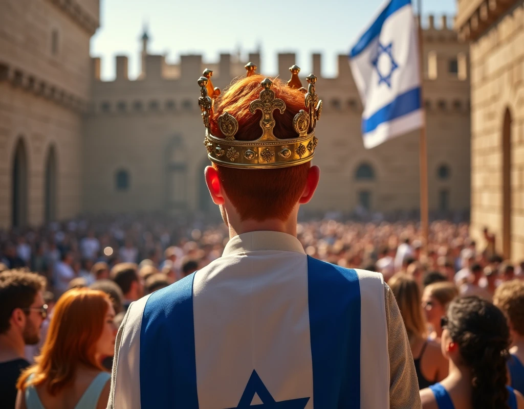 18 year old short haired redhead with a king's crown in front of a crowd on the balcony of his castle being elected king of israel with the israeli flag in the background