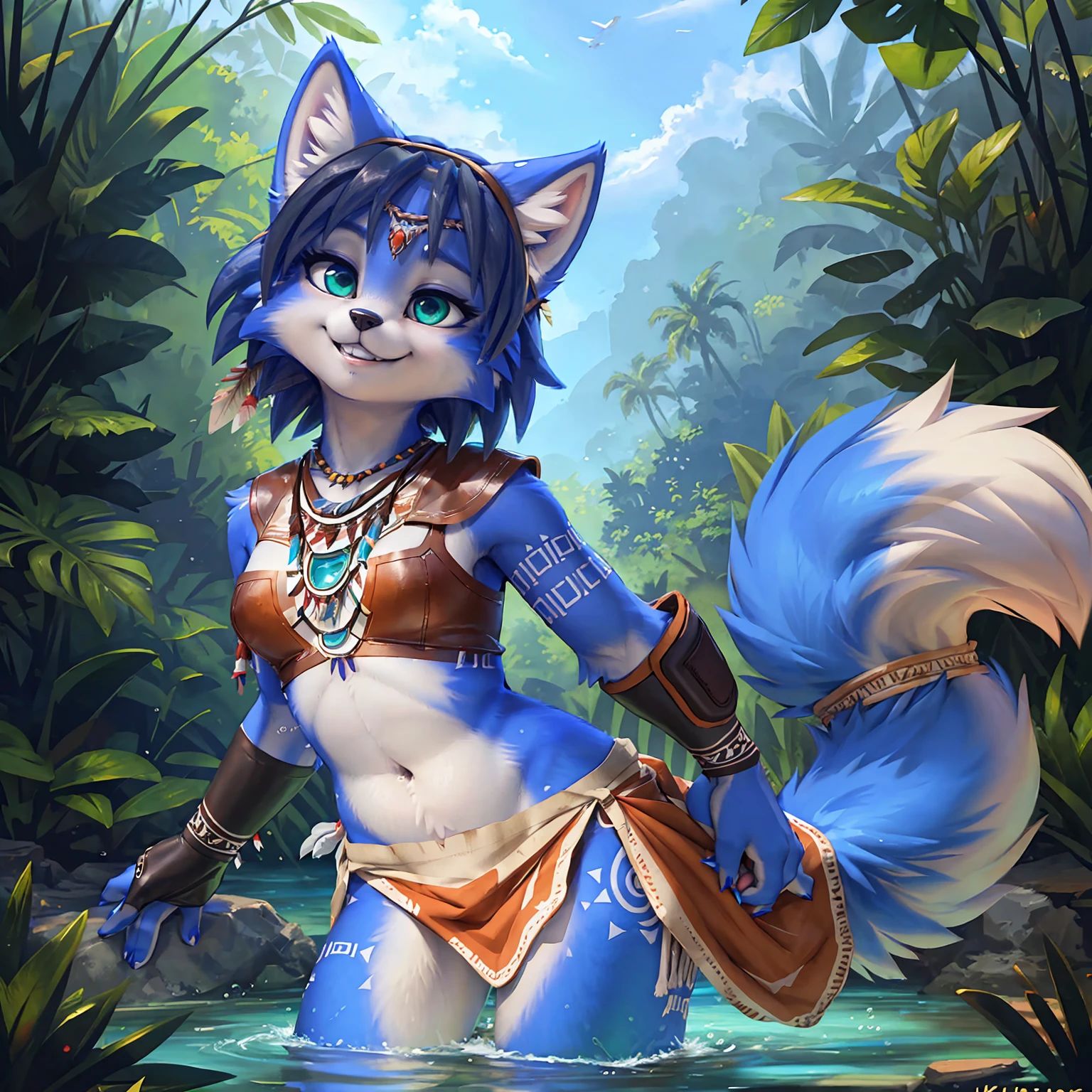 A beautiful and detailed (sweet picture) wa ((krystal)), Star Fox Krystal, sslim, lovable, green eyes, medium breasts, (((Long blue hair 1.3))), ((Tips for black hair)), Decollete, grin, look up,, anthro, furry, Uploaded E621, detailed fluffy fur, (wa Fluff-Kevlar, Bayard Wu, personalize me, Pino Daeni), detailed face, (fluffy), 1 girl, alone, (((Tribal clothing:1.3))), ((leather breastplate)), sweet girl, alone, swims in the river, dive, underwater