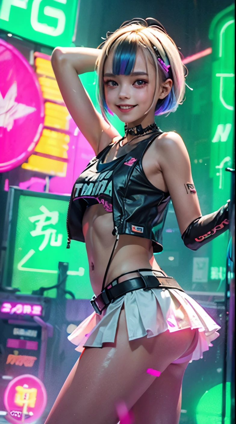 A colorful Bob cut haired punk canadian girl, smooth white skin, innocent look, 15 years old, Ultra high res, uhd, photorealistic, cyberpunk outfit, ripped shirt, wink, smiling ear to ear, neon lighting, crop top vest, wearing short skirt, colorful loose socks, full body shot, beautiful legs, fish eye lens, vogue pose, modeling, playful 