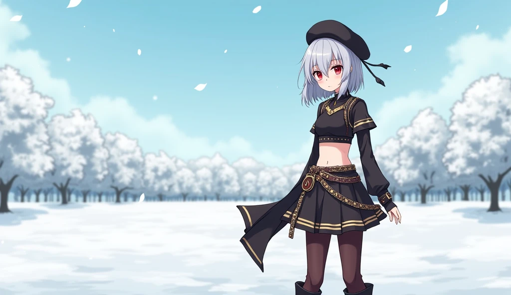 I want to draw a young female anime character with short gray hair braided in the back and sharp red eyes. She is wearing a short skirt with a long dress in the back, a black crop top decorated with various belts and gold jewelry, brown leggings, high heeled boots, and a black beret, with a view of a snowy field