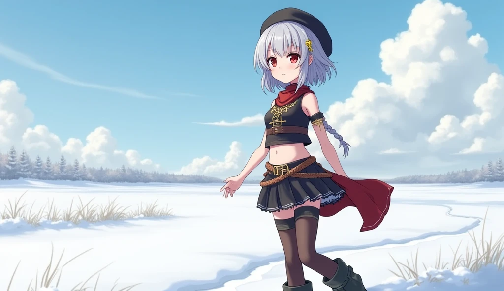 I want to draw a young female anime character with short gray hair braided in the back and sharp red eyes. She is wearing a short skirt with a long dress in the back, a black crop top decorated with various belts and gold jewelry, brown leggings, high heeled boots, and a black beret, with a view of a snowy field