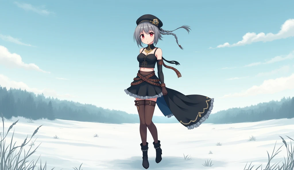 I want to draw a young female anime character with short gray hair braided in the back and sharp red eyes. She is wearing a short skirt with a long dress in the back, a black crop top decorated with various belts and gold jewelry, brown leggings, high heeled boots, and a black beret, with a view of a snowy field
