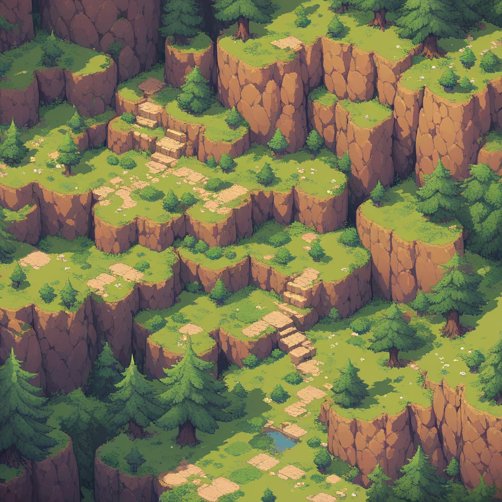 Retro video game style, pixelated, vibrant colors, 8-bit characters, blocky shapes, sharp lines, detailed shading, classic gaming vibe, nostalgic atmosphere, classic arcade games. Masterpiece:1.2, ultra-detailed, illustration style. 2D texture, stone texture, 4K seamless mud texture, video game texture, dirt texture. Game tiles, grass, 3/4th perspective trees, 3/4th perspective tileable rock texture, 3/4th perspective tileable cliff formations, tileable trees, top-down view, tileable texture. Very detailed cliff texture, intricate stones.
Mountain Terrain: Diverse mountain shapes and elevations, including peaks, ridges, and valleys.
Texture Detail: High resolution with intricate details like rocky surfaces, crags, and natural erosion patterns.
Seamless Pattern: Ensure that the edges of the tile seamlessly align with adjacent tiles to create a continuous and coherent mountain range when repeated