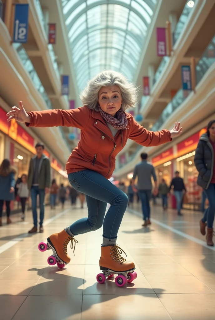 Middle-aged woman trying on skates and falling on the floor in a shopping mall