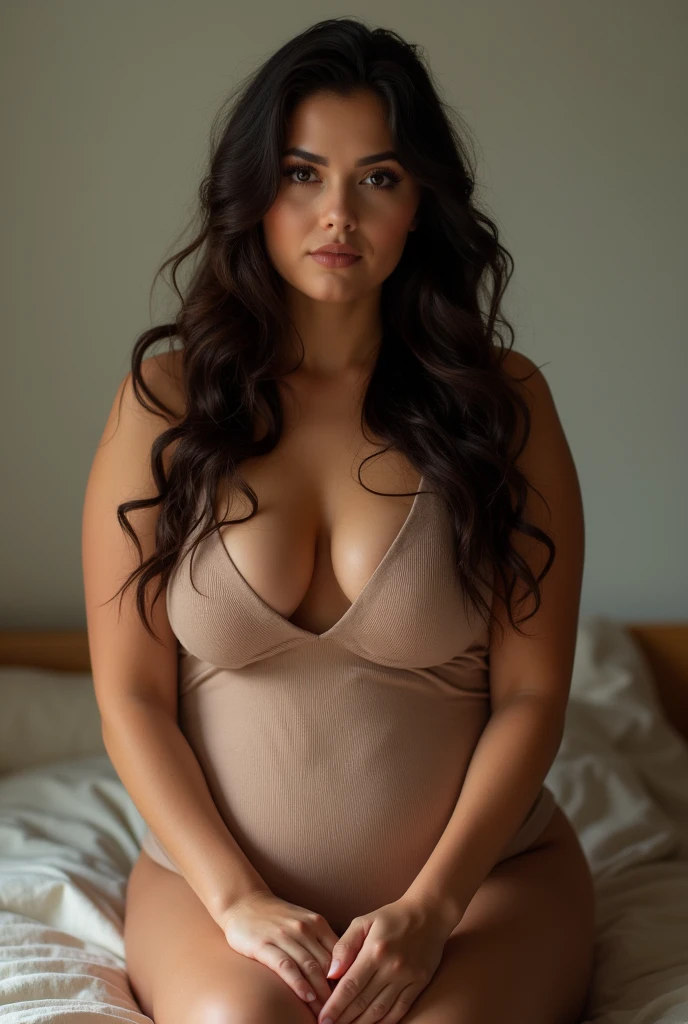 A brunette girl with curly hair and big breasts sits with her legs stretched out, taking a realistic photo