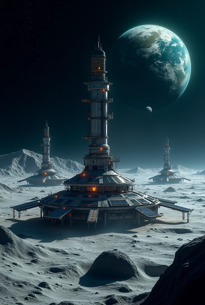 Generates an image of a futuristic moon structure in the night sky