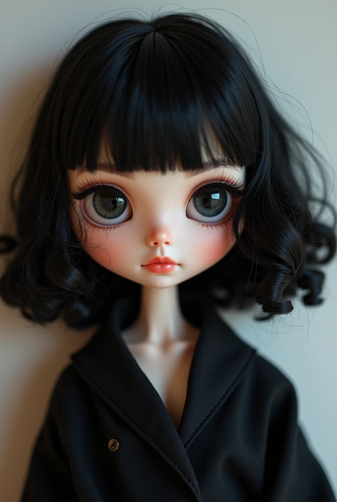 Blythe idol with black medium curly hair swith bangs and big dark eyes, looking at the screen, with fair skin, wearing a black outfit, cute