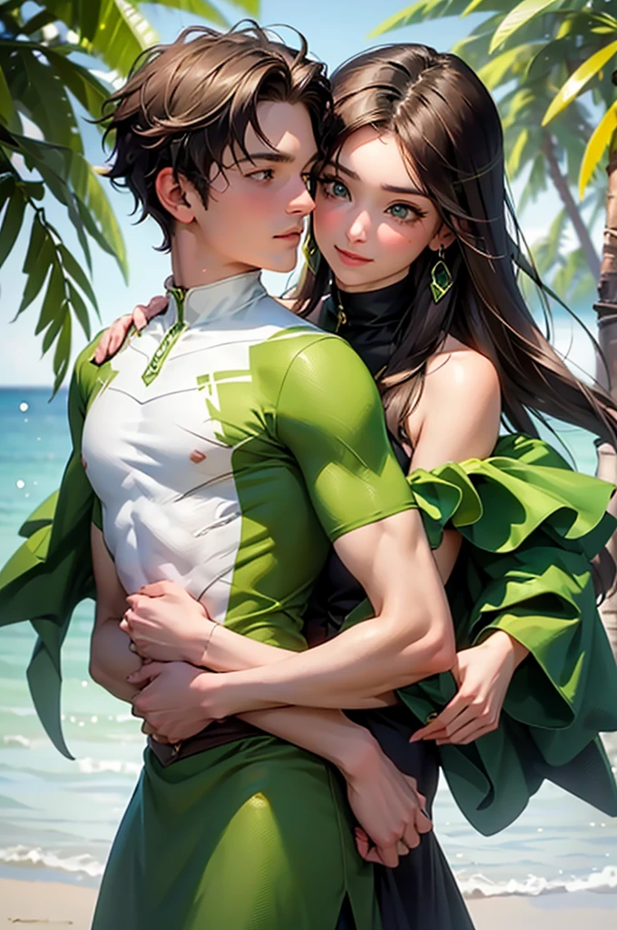 Portrait of a young, brunette couple in a warm setting, the INFJ man with rich, green hair and striking green eyes, his vibrant green attire enhancing his olive skin. He wraps his arm around the ENFJ woman, her dark skin glowing against the deep green of her dress, her glossy brown hair cascading down her back. Their bodies are pressed together, their faces filled with adoration and contentment as they share a tender moment of affection and connection