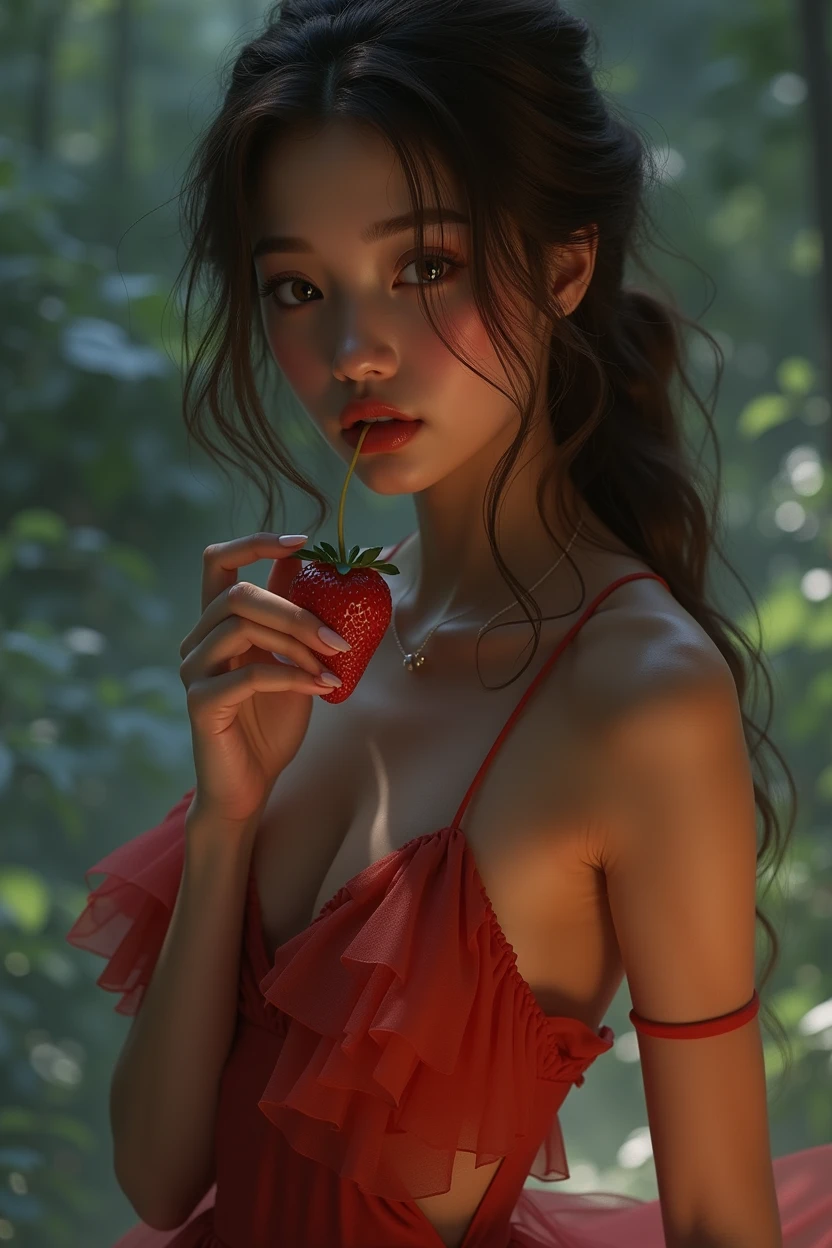 a beautiful girl with long brown hair eating a ripe red strawberry, detailed face and expressive eyes, elegant dress, sunlight filtering through the trees, lush green garden background, ultra-detailed 8k, photorealistic, cinematic lighting, warm color tones