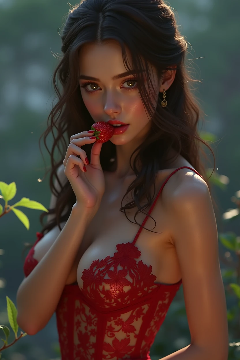 a beautiful girl with long brown hair eating a ripe red strawberry, detailed face and expressive eyes, elegant dress, sunlight filtering through the trees, lush green garden background, ultra-detailed 8k, photorealistic, cinematic lighting, warm color tones
