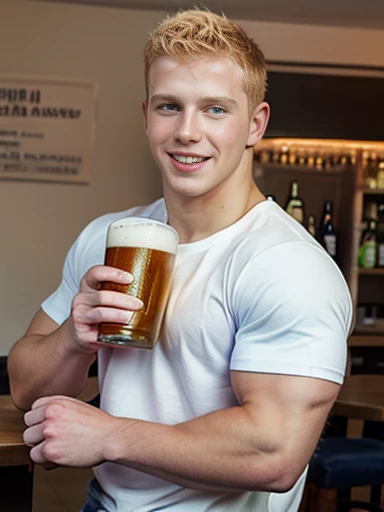 1man, blond hair, curly fade cut, blue eyes, tight t-shirt, jock, twunk, drinking a beer, smile