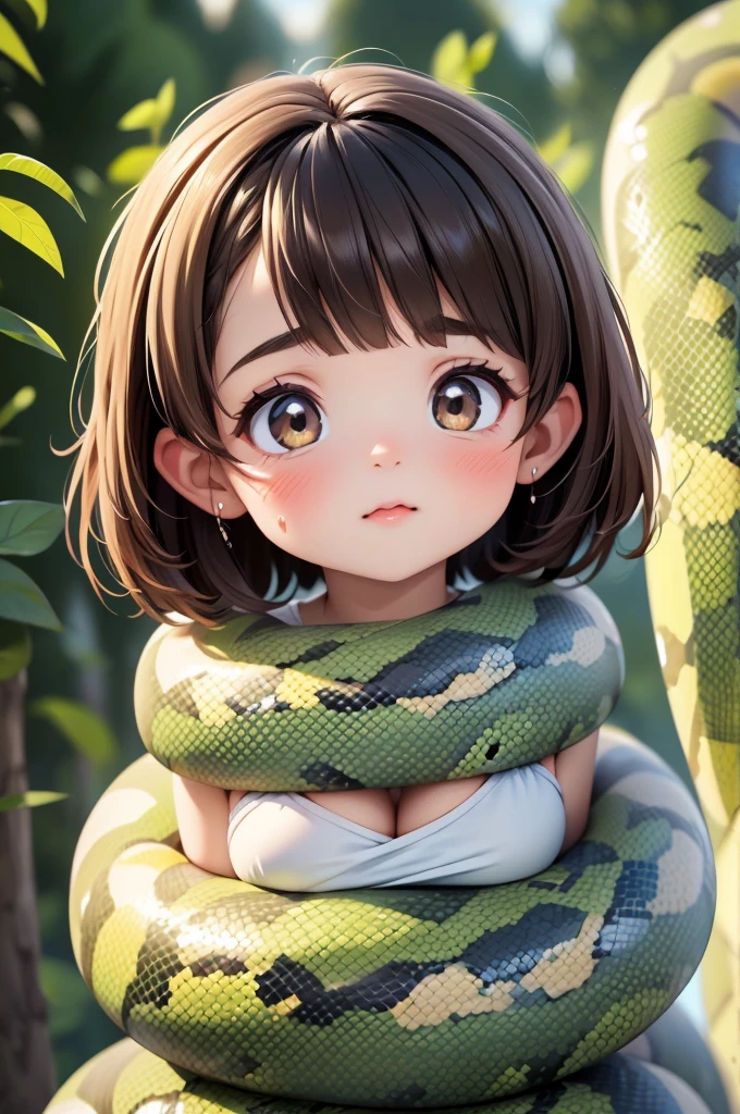 highest quality、High resolution、Detailed Background、(Beautiful face in every detail:1.4)、Anatomically correct、age beauty、well-groomed eyebrows、(Small breasts:1.1)、Cute hair colour、Bobcut、ponytail、White Sailor One Piece、brown hair, angry face, masterpiece, best quality, highres, breasts out, beautiful detailed eyes, cleavage, snake, (coiled), (python), snake scales detailed, mad, restrained, masterpiece}}}, {{highly extreme detailed}}, solo, Focus on the girl, {orgasm}, {sweaty}, {{python sex}}, (((object insertion))), jangle, spread arms, interspecies, bestiality, (Giant python bestiality, Giant python sex, ((Giant python Rape)), Giant python Rape, Giant python Coils, Passionate Squeeze) (((Giant python coils, Passionate squeeze, ))), coils,((The girl is wrapped around a giant python)), ((giant python rape)), giant python sex, Garden, outdoor
