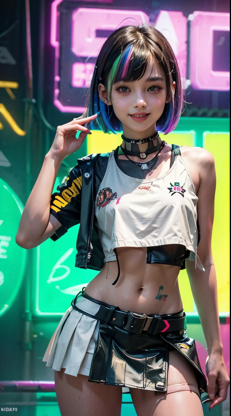 A colorful Bob cut haired punk canadian girl, smooth white skin, innocent look, 15 years old, Ultra high res, uhd, photorealistic, cyberpunk outfit, ripped shirt, wink, smiling ear to ear, neon lighting, crop top vest, wearing short skirt, colorful loose socks, full body shot, beautiful legs, fish eye lens, vogue pose, modeling, playful 