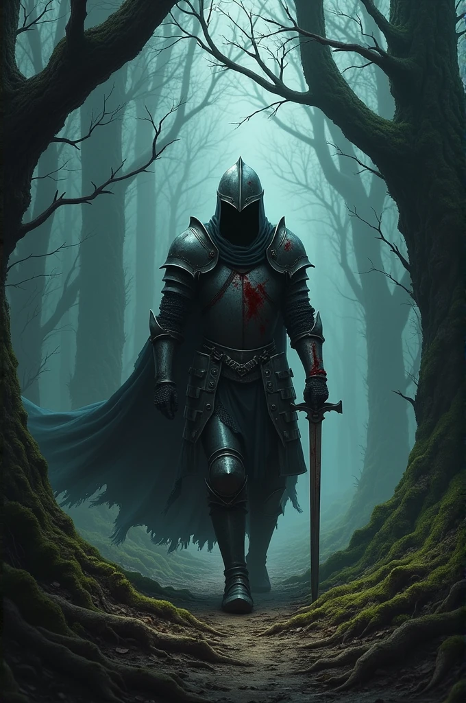 Draw a dark forest in which a wounded knight is trying to get out of the forest.
