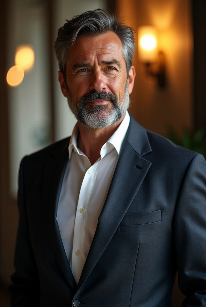 an important man, middle-aged, sem beard, rico, casual suit, cinema style