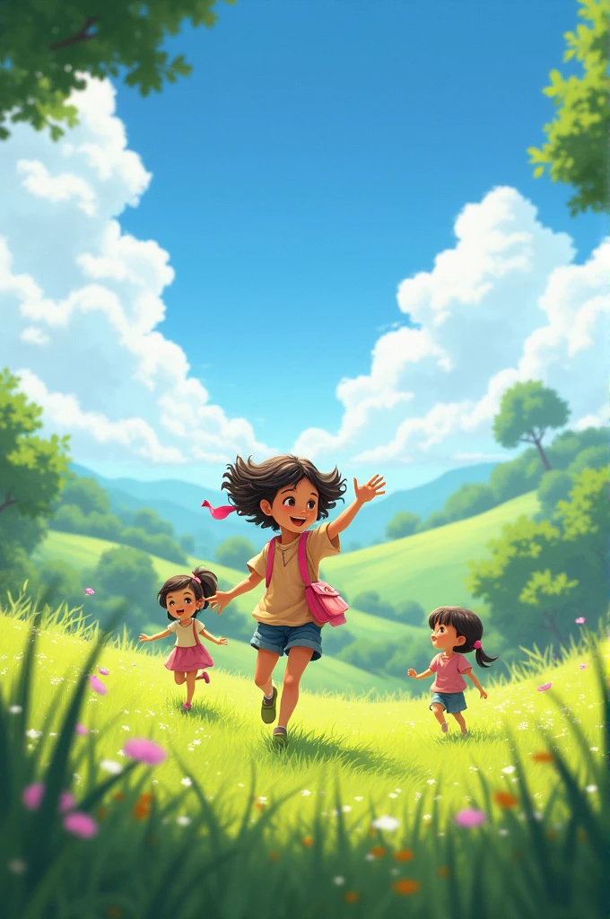 Rania is a girl who is playing with her friends in the beautiful countryside